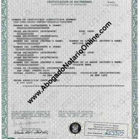 Acta o Certificado de Matrimonio