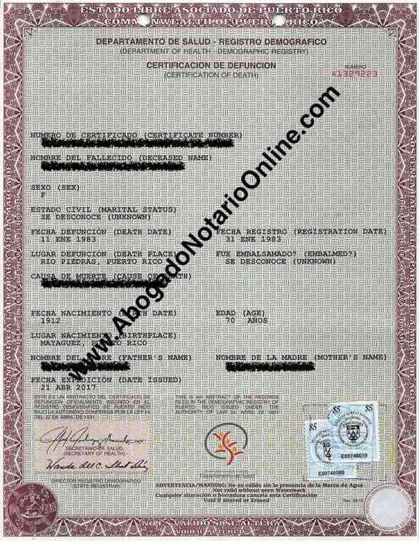 Acta o Certificado de Defunción (Puerto Rico)  Abogado 