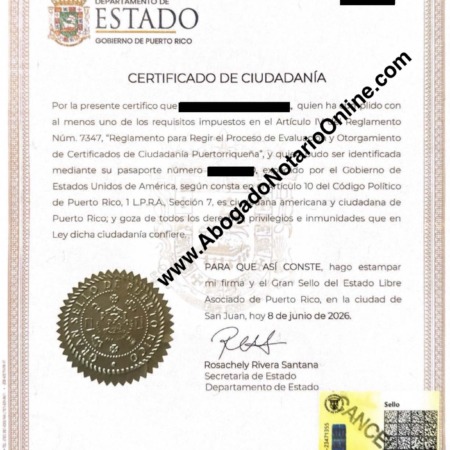 Ejemplo de Certificado de Ciudadanía de Puerto Rico