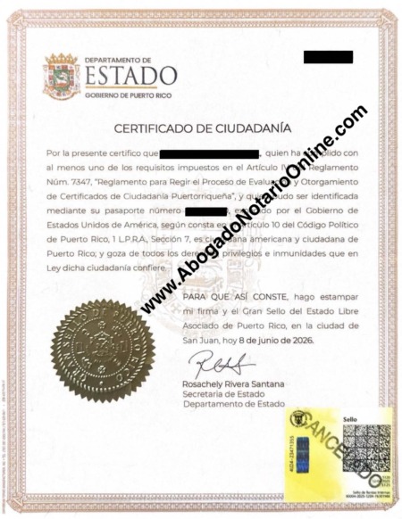 Ejemplo de Certificado de Ciudadanía de Puerto Rico