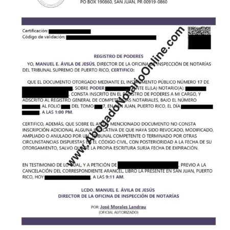 Ejemplo de certificación del Registro de Poderes de Puerto Rico