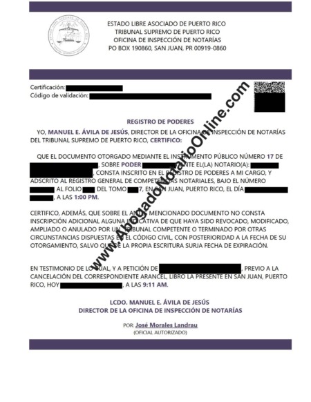 Ejemplo de certificación del Registro de Poderes de Puerto Rico